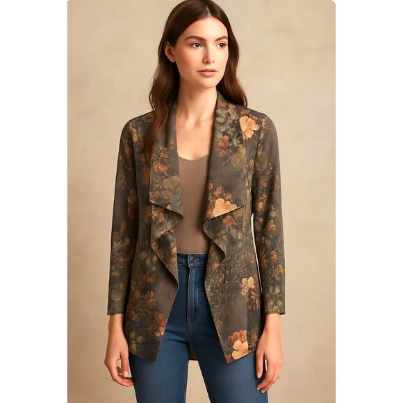 Solitaire by Ravi Khosla Floral Faux Suede Waterfall Drape Jacket Boho S - Picture 1 of 7